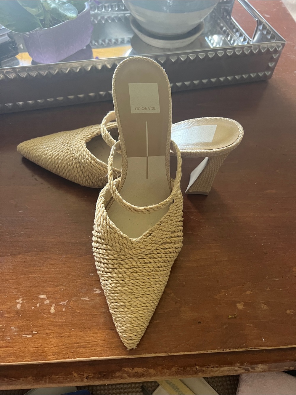 Dolce Vita Natural Tan Woven Pointed-Toe Mule Heels